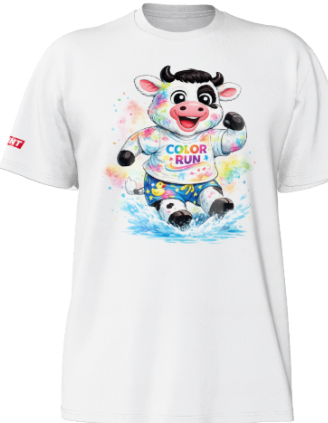 White 2026 Color Run T-shirt featuring Stanley the cow running through colorful powder