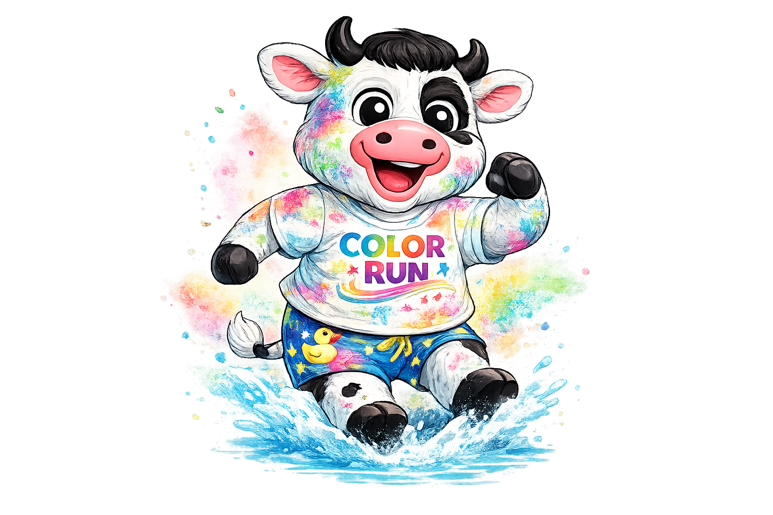 Stanley the cow mascot happily running through colorful powder